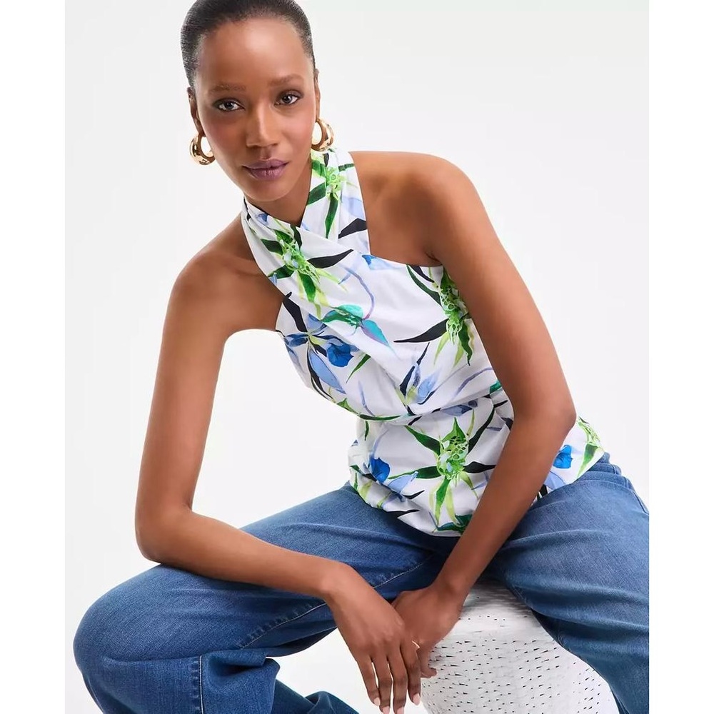 NWT INC International Concepts Floral Print Halterneck Top White & Blue Size 14 - Picture 3 of 6